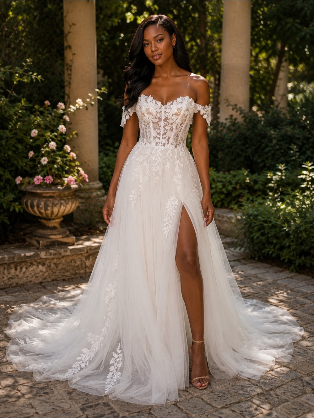 Justin Alexander Rings Collection Off-Shoulder Lace Tulle Gown with Thigh Slit